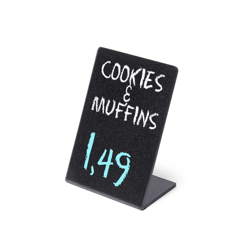 Stojak informacyjny kredowy A7 w kształcie L stojaczek z powierzchnią do pisania markerami kredowymi stojaczek do prezentacji oferty promocji cen cenówka kredowa