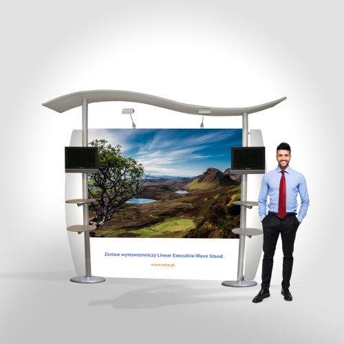 Linear Executive Wave Stand exhibition set 3 x 2.5 m (6 shelves for leaflets)