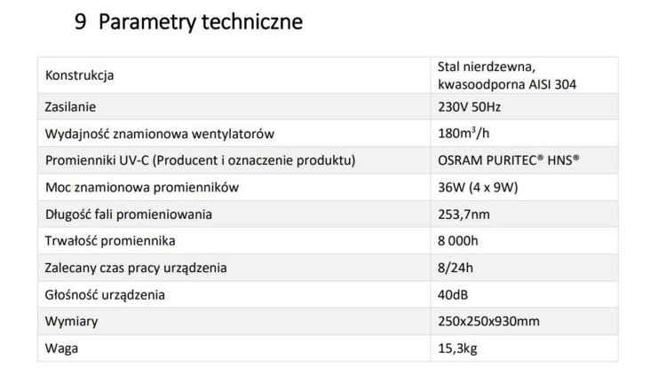 Parametry - Oczyszczacz powietrza PureAir UV-C - Szary - Profesjonalny Przepływowy Sterylizator Oczyszczacz Powietrza