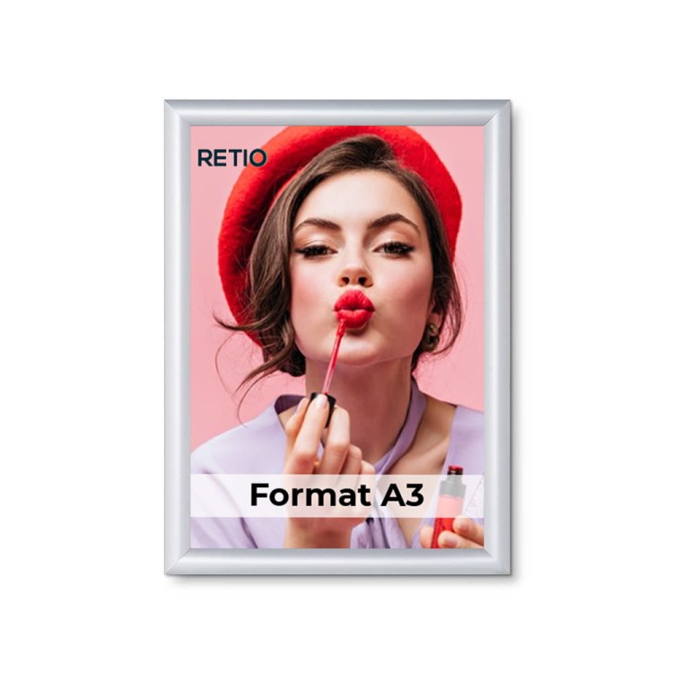 Ramka zatrzaskowa KRAST A3 (29,7 x 42,0 cm) aluminiowa srebrna z ostrym prostym narożnikiem i certyfikatem trudnopalności rama ramka plakatowa OWZ ścienna na plakat na zdjęcia profil 25 mm