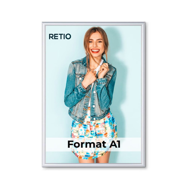 Ramka zatrzaskowa KRAST A1 (59,4 x 84,1 cm) aluminiowa srebrna z ostrym prostym narożnikiem rama ramka plakatowa OWZ ścienna na plakat na zdjęcia profil 25 mm