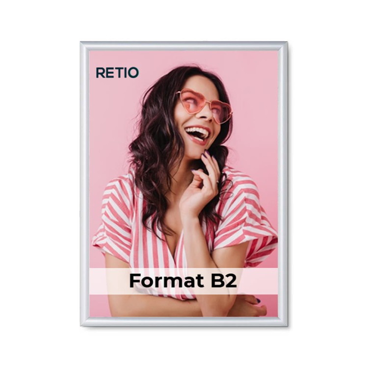 Ramka zatrzaskowa KRAST B2 (50,0 x 70,0 cm) aluminiowa srebrna z ostrym prostym narożnikiem i certyfikatem trudnopalności rama ramka plakatowa OWZ ścienna na plakat na zdjęcia profil 25 mm