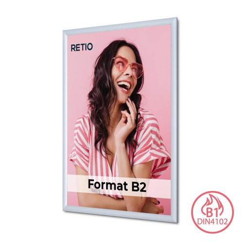 Ramka zatrzaskowa KRAST B2 (50,0 x 70,0 cm) aluminiowa srebrna z ostrym prostym narożnikiem i certyfikatem trudnopalności rama ramka plakatowa OWZ ścienna na plakat na zdjęcia profil 25 mm