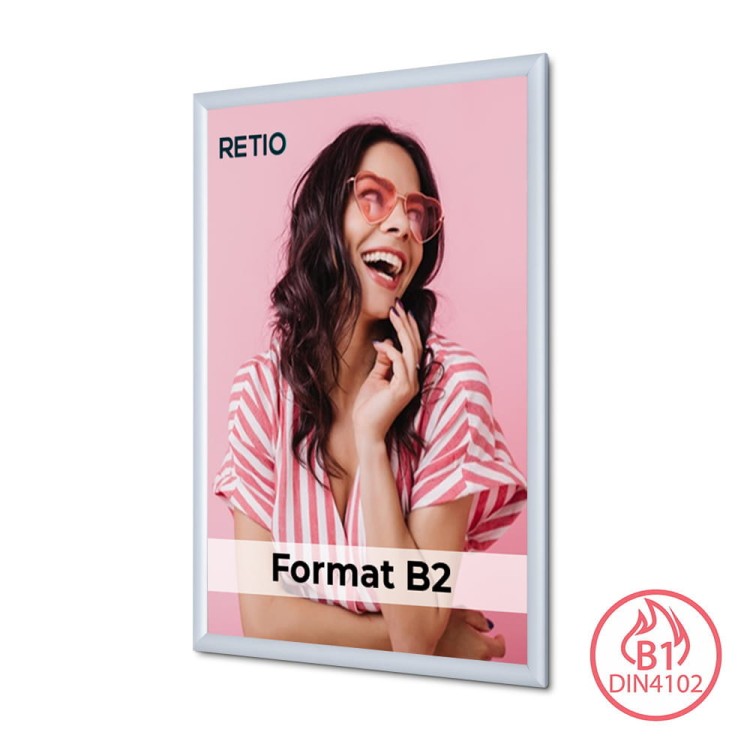 Ramka zatrzaskowa KRAST B2 (50,0 x 70,0 cm) aluminiowa srebrna z ostrym prostym narożnikiem i certyfikatem trudnopalności rama ramka plakatowa OWZ ścienna na plakat na zdjęcia profil 25 mm