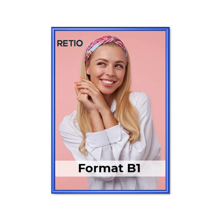 Ramka zatrzaskowa KRAST B1 (70,0 x 100,0 cm) aluminiowa niebieska z ostrym prostym narożnikiem rama ramka plakatowa OWZ ścienna na plakat na zdjęcia profil 25 mm