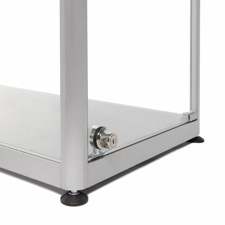 Szklana witryna stojąca 80x200x40 cm zamykana na kluczyk z prostokątną podstawą przeznaczona do użytku wewnętrznego