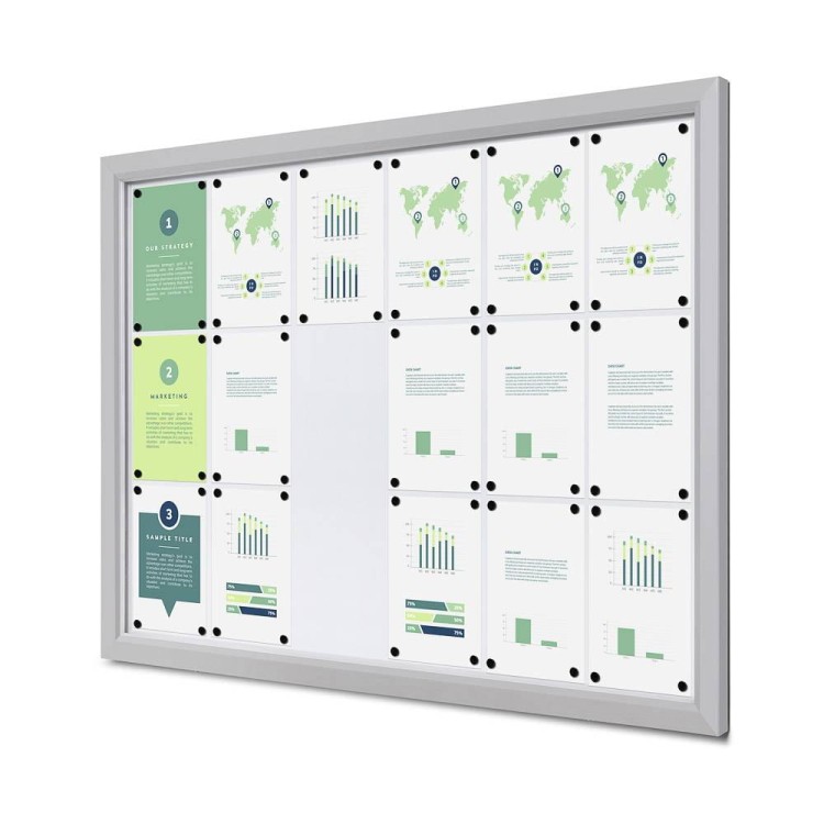 Gablota magnetyczna SLM 18xA4 130x91 cm z certyfikatem trudnopalności B1 zamykana na kluczyk do użytku zewnętrznego gablota zewnętrzna gablota ogłoszeniowa gablota informacyjna tablica ogłoszeń tablica informacyjna ogniotrwała srebrny