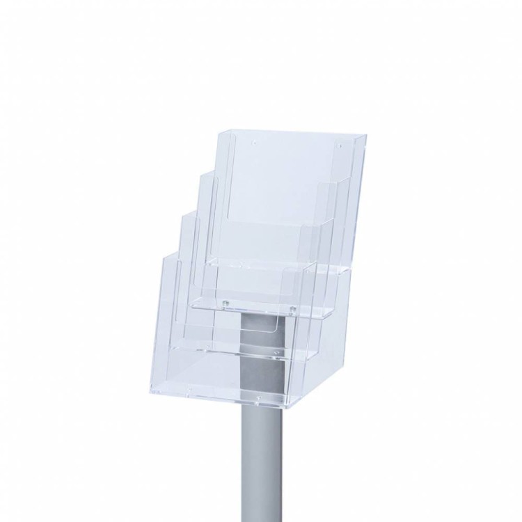 Stojak na ulotki 4xA5 z kieszeniami akrylowymi na broszury A5 srebrny prezenter ulotek stojak informacyjny na ulotki stojak na broszury A5 stojak prezentacyjny do branży detalicznej do hotelu