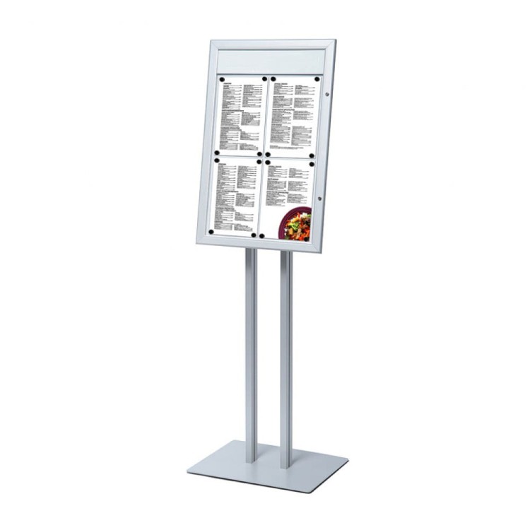 Stojak na menu 4xA4 z gablotą z oświetleniem LED - srebrny stojak prezenter na kartę menu stojak informacyjny prezentacyjny z gablotą 4xA4 do restauracji gastronomii do hotelu stojak na plakat Menu Board LED