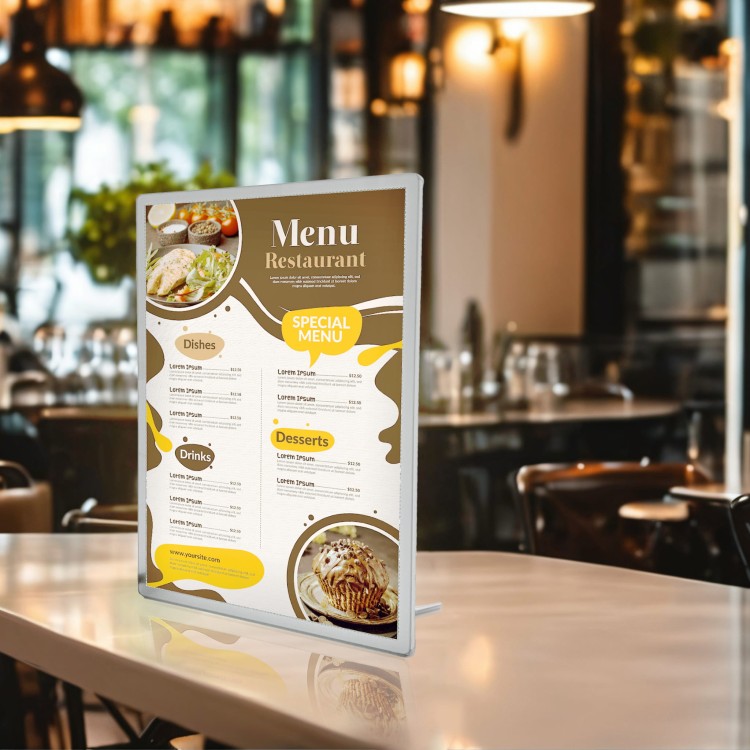 Ramka plakatowa A4 LED srebrna podświetlana w restauracji na MENU, na stół w orientacji pionowej