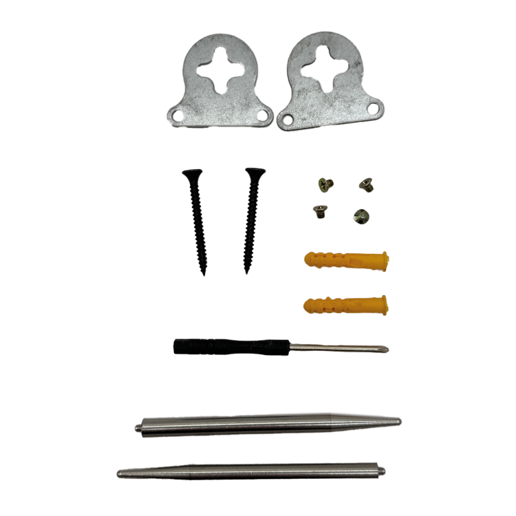 Zestaw: uchwyty, kołki, śruby oraz stopki do postawienia na biurko