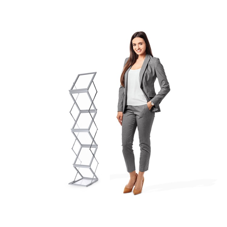 Dwustronny rozkładany stojak na ulotki 6xA4 z walizą - srebrny