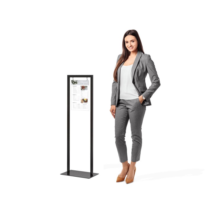 Dwustronny stojak informacyjny z kieszenią na ulotkę w formacie A4 (297x210 mm) mocowaną na haczykach - czarny